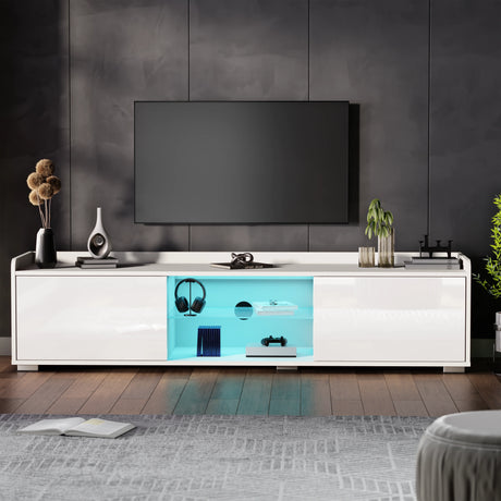 White entertainment console with blue LED lighting in a modern living room.