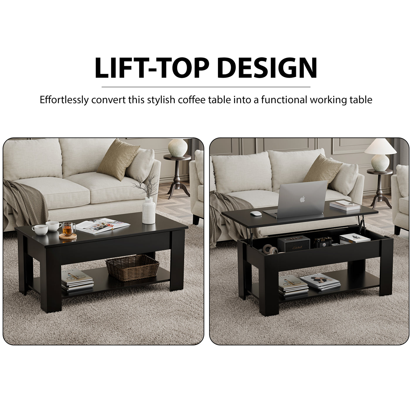 Lift top Coffee Table with Storage | Lift up Center Table 100cm Wide