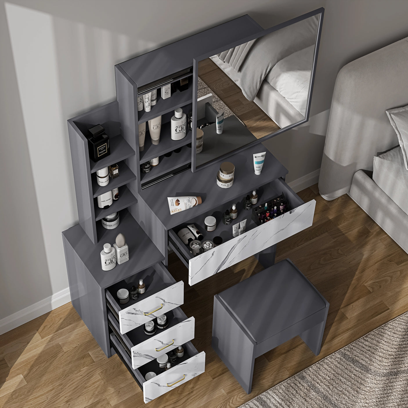 Dressing Table with Storage, Drawers and Mirror - Vanity Makeup Table