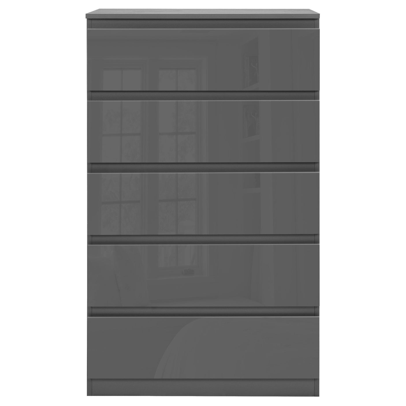 Front view of Blisswood Dark Grey Chest of Drawers - High Gloss Drawers 5-drawer model with a tall, sleek, and modern design.