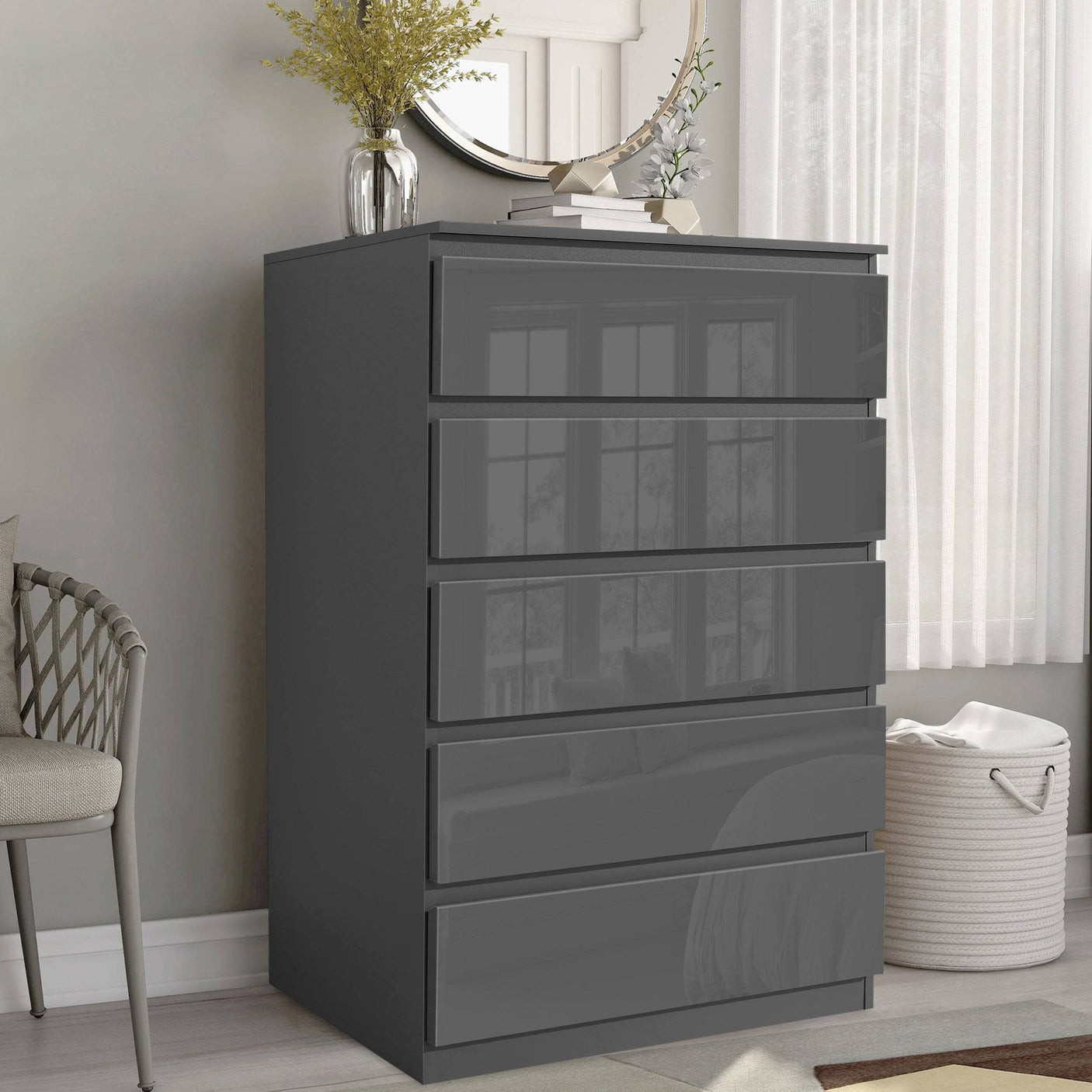 Blisswood Dark Grey Chest of Drawers - High Gloss Drawers 5-drawer unit styled in a bedroom, perfect for vertical storage solutions.