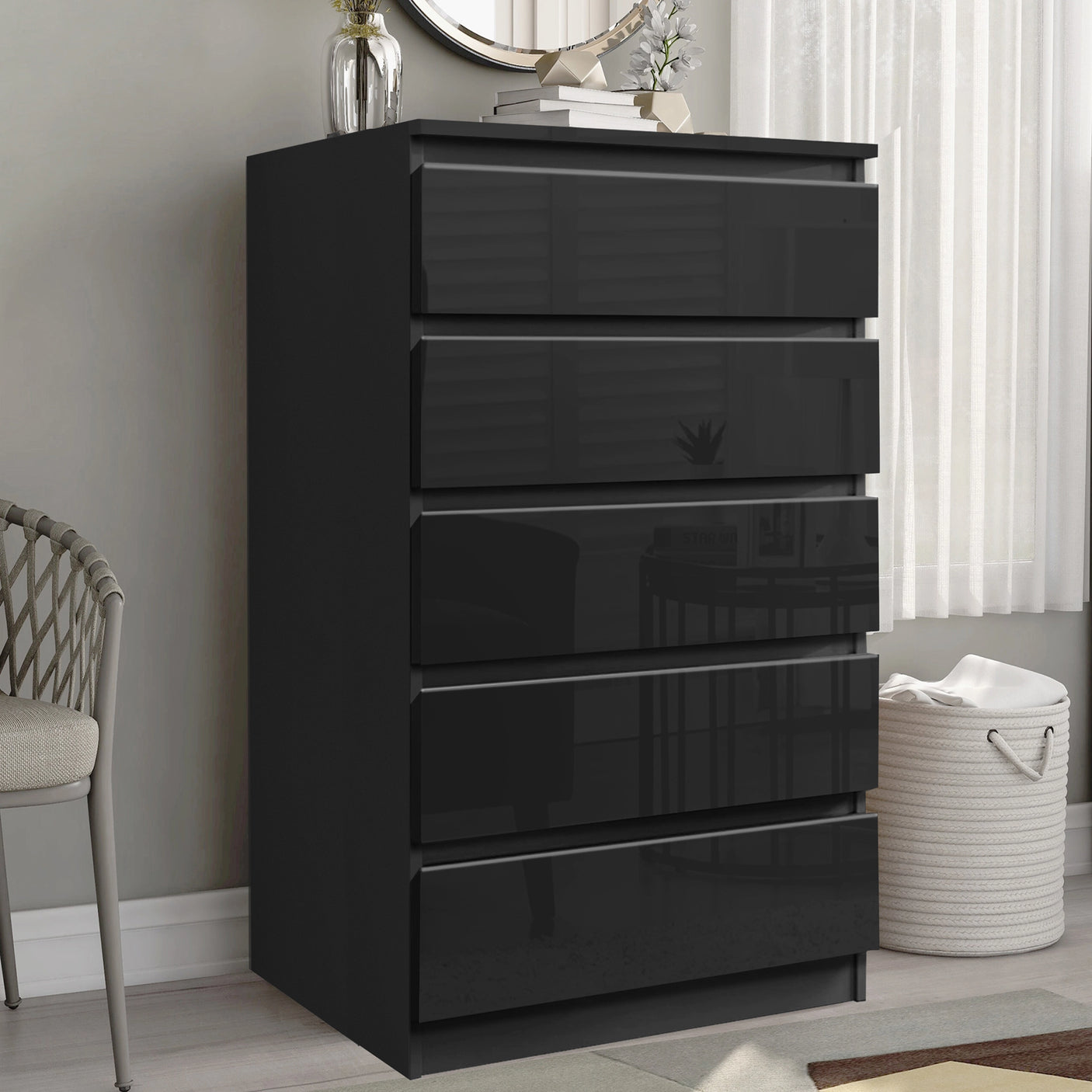 High Gloss Tall Chest of Drawers - 5 Drawer Chest Bedroom Drawers