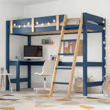Bunk Bed With Desk - High Sleeper Loft Bed Frame For Kids in blue wood finish with ladder, safety rails, and built-in study desk setup underneath.