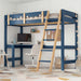 Bunk Bed With Desk - High Sleeper Loft Bed Frame For Kids in blue wood finish with ladder, safety rails, and built-in study desk setup underneath.