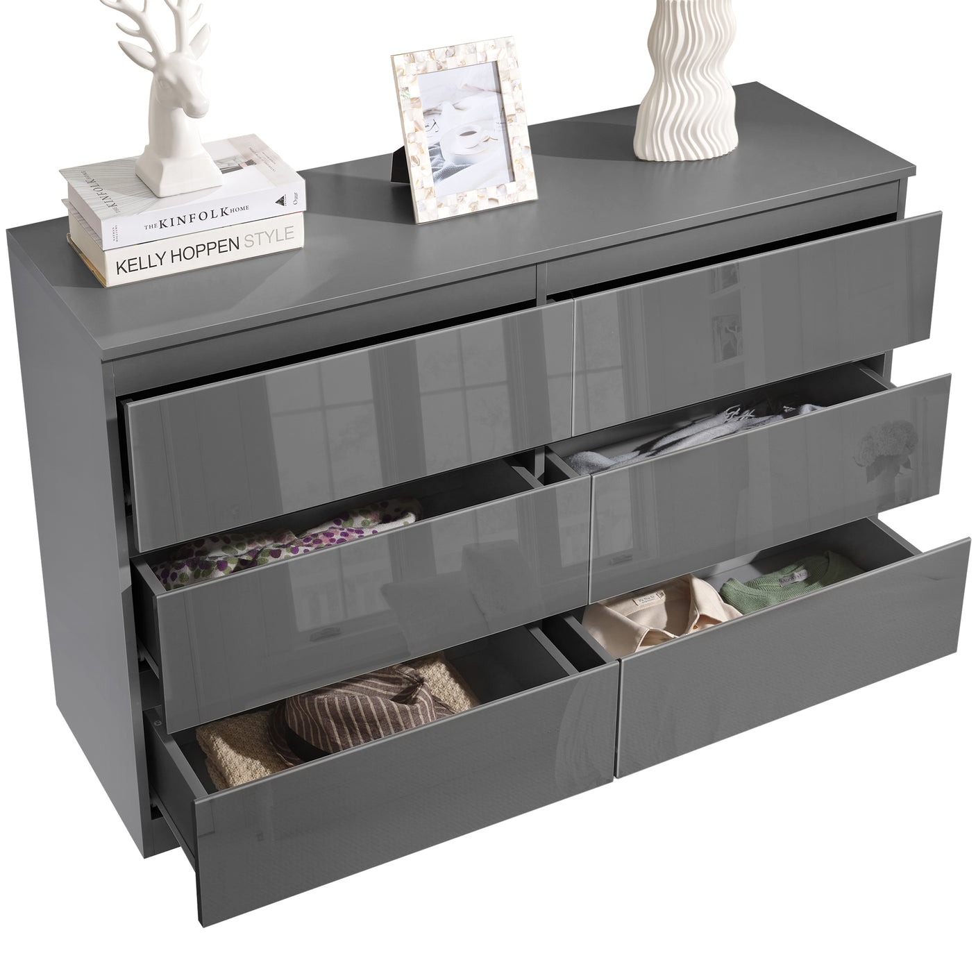 High Gloss Large 6 Drawer Chest of Drawers - Bedroom Dresser