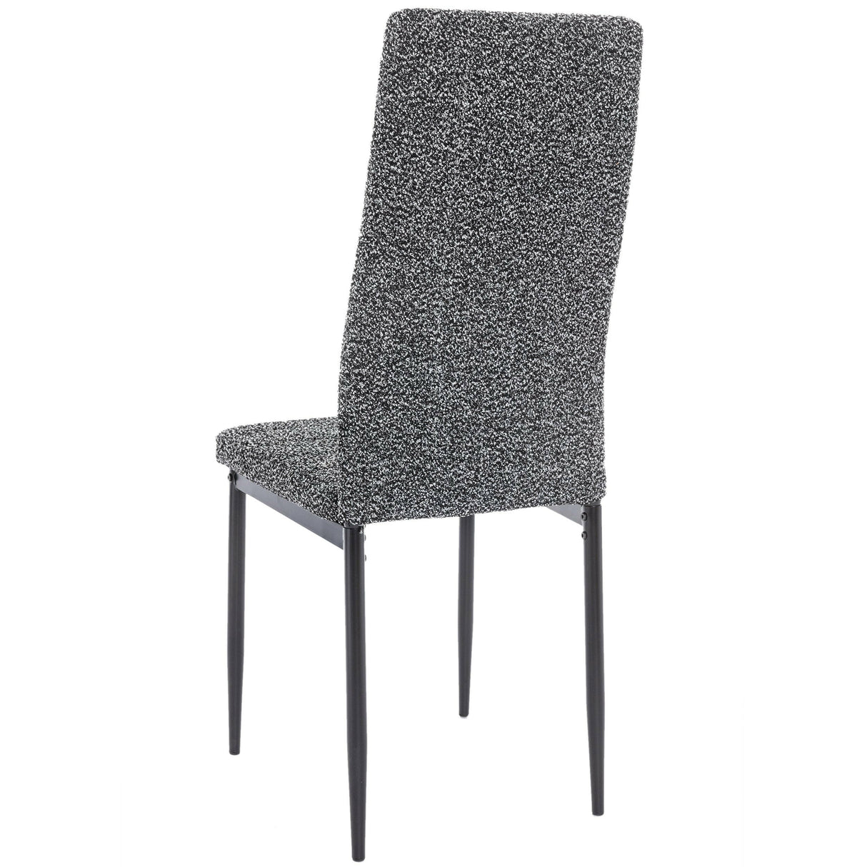 Modern 6 chair dining set with sleek black legs and textured grey fabric upholstery