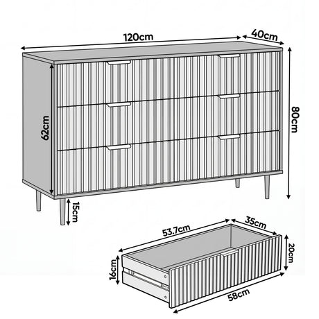 Dimension diagram of a black 6-drawer chest showing width 120 cm, depth 40 cm, height 62 cm, and drawer sizes