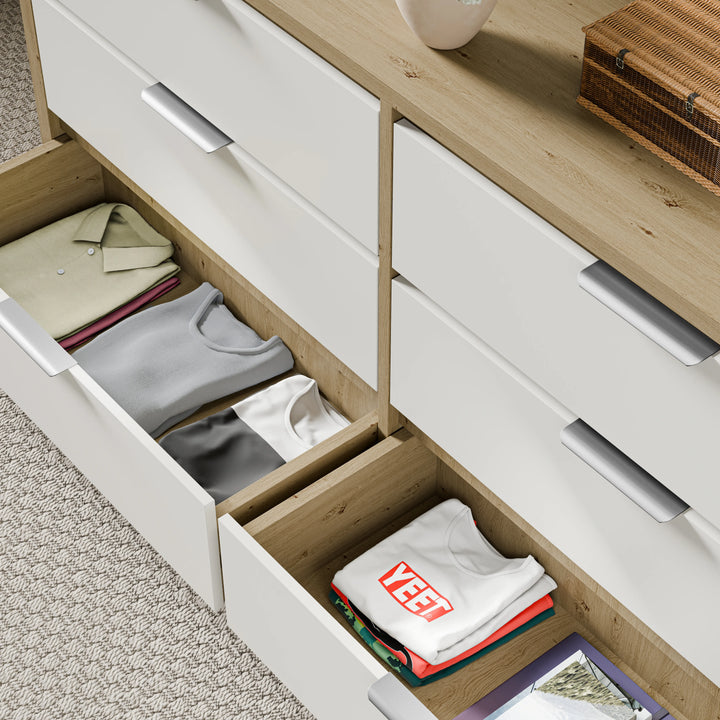 6 drawer chest of drawers in oak white finish with two lower drawers open, showing neatly folded clothes