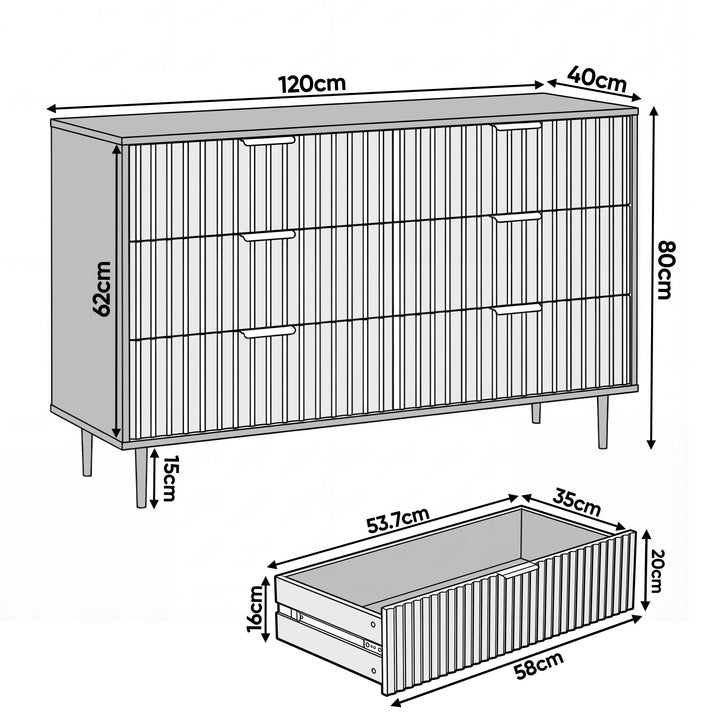 [Sage Green] Dimension diagram of a white 6-drawer chest showing width 120 cm, depth 40 cm, height 62 cm, and drawer sizes