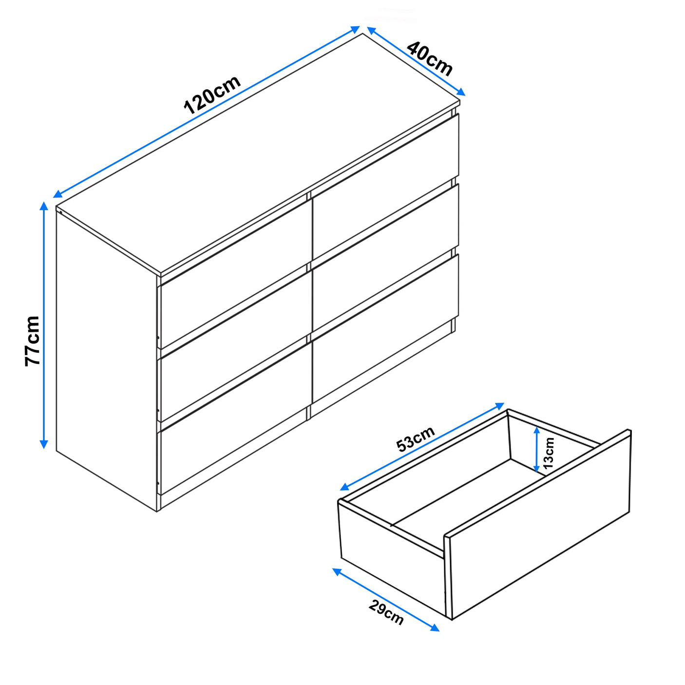 High Gloss Large 6 Drawer Chest of Drawers with dimensions 120cm wide, 77cm high, and 40cm deep. Ideal modern bedroom dresser with spacious storage.