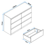 High Gloss Large 6 Drawer Chest of Drawers with dimensions 120cm wide, 77cm high, and 40cm deep. Ideal modern bedroom dresser with spacious storage.