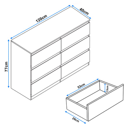 High Gloss Large 6 Drawer Chest of Drawers with dimensions 120cm wide, 77cm high, and 40cm deep. Ideal modern bedroom dresser with spacious storage.