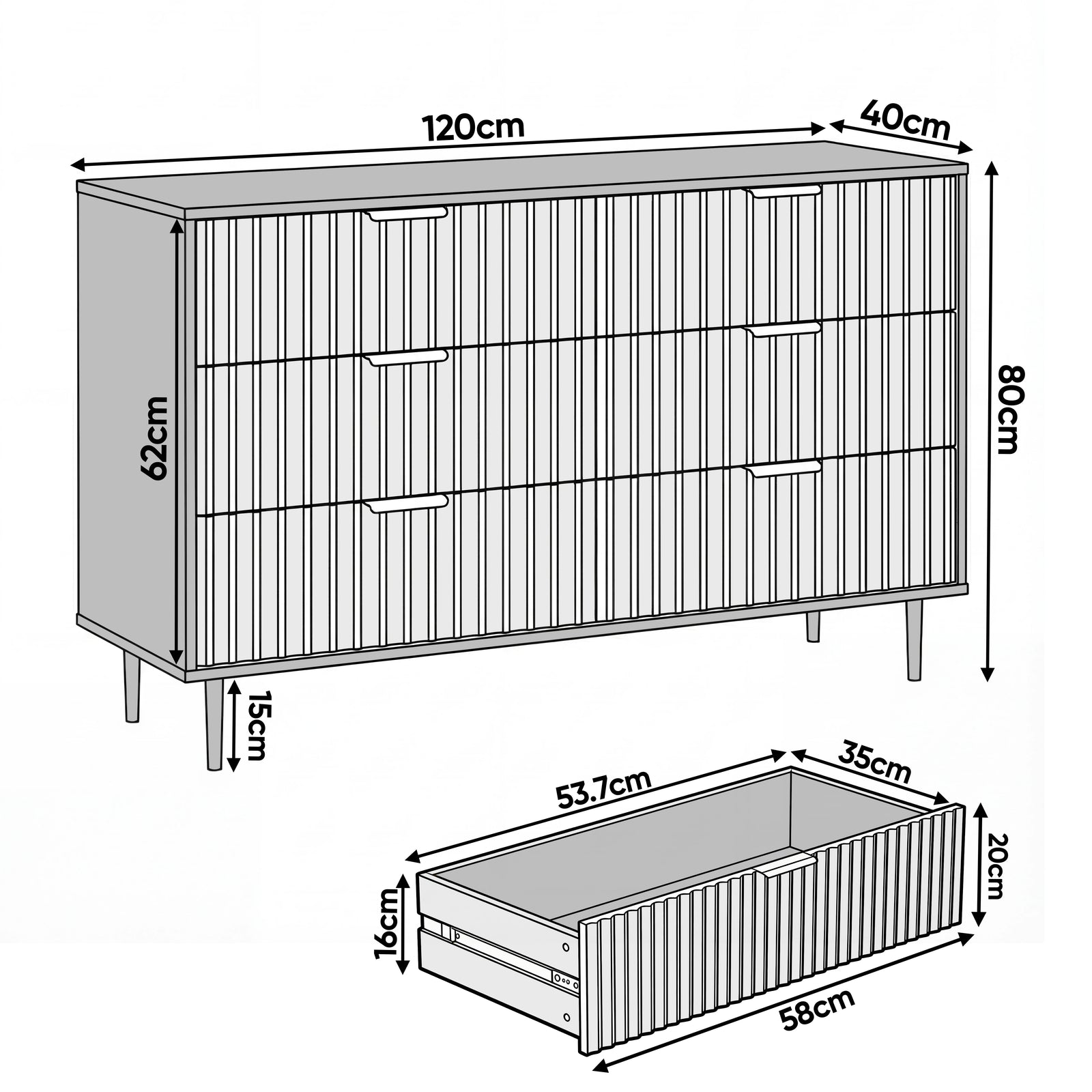 [Grey] Dimension diagram of a white 6-drawer chest showing width 120 cm, depth 40 cm, height 62 cm, and drawer sizes