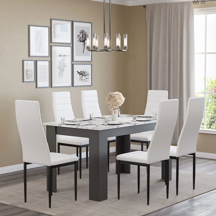 [6 Seater | White] dining table and chairs set placed on the rug in a bright lighting living room