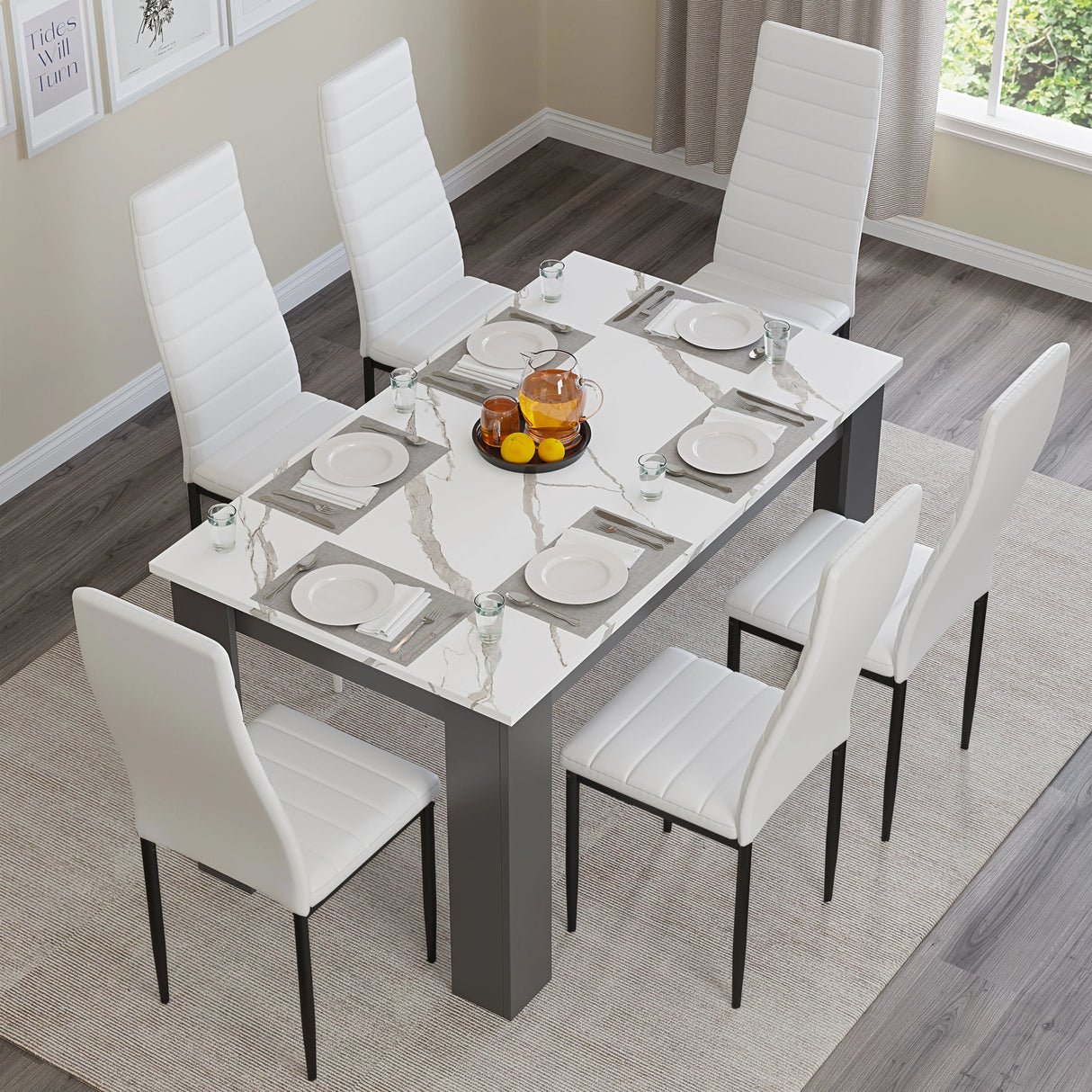 White Marble 4-6 Seater Dining Table and Chairs Set