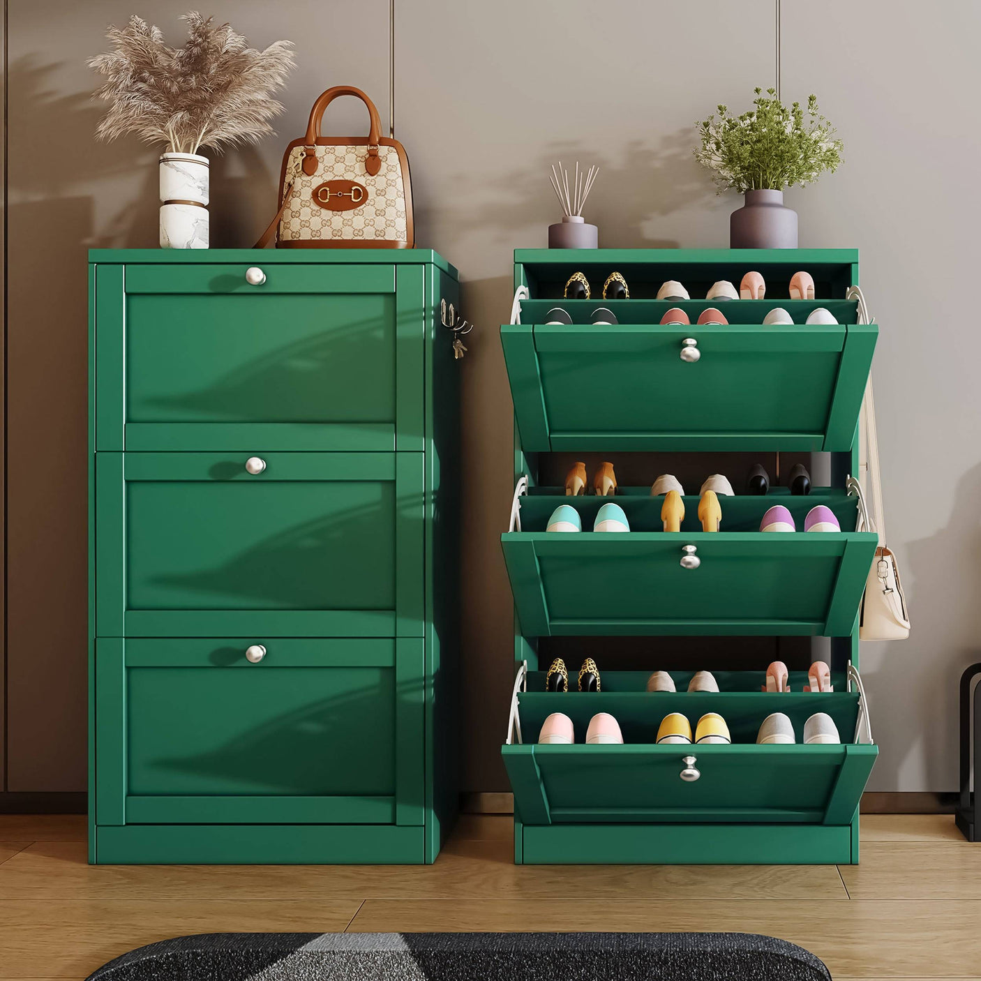Green Blisswood Shoe Cabinet With Doors with 3-tier storage, perfect for organizing shoes in modern hallways.