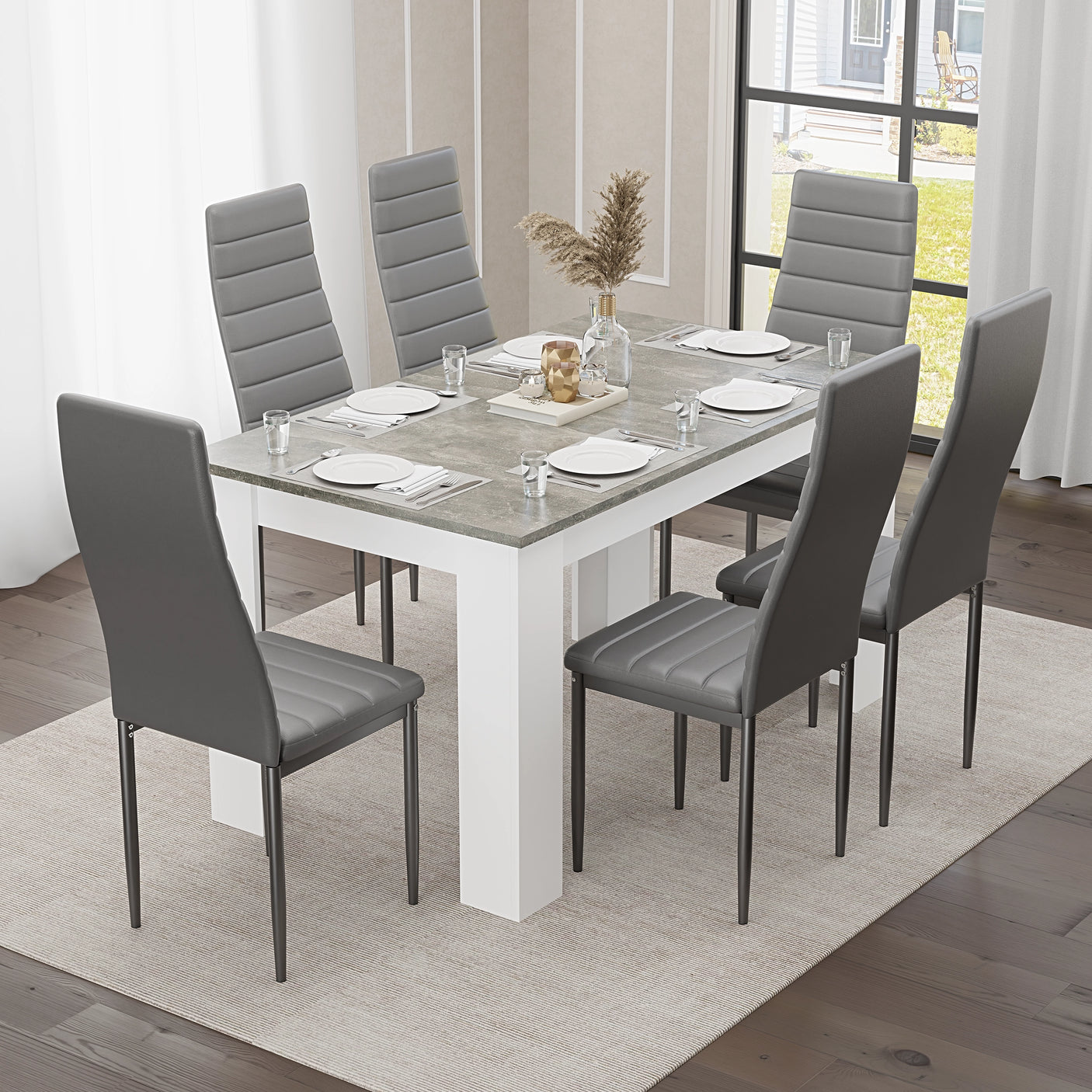 Stylish Grey Marble Finish Dining Table Set with 4 Padded Chairs