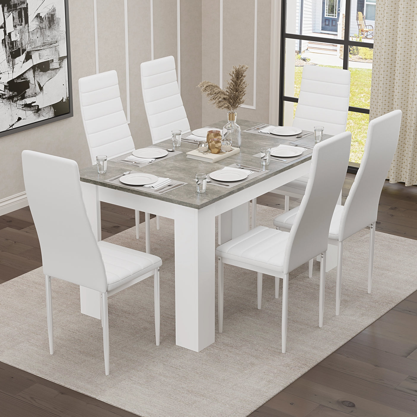 Stylish Grey Marble Finish Dining Table Set with 4 Padded Chairs