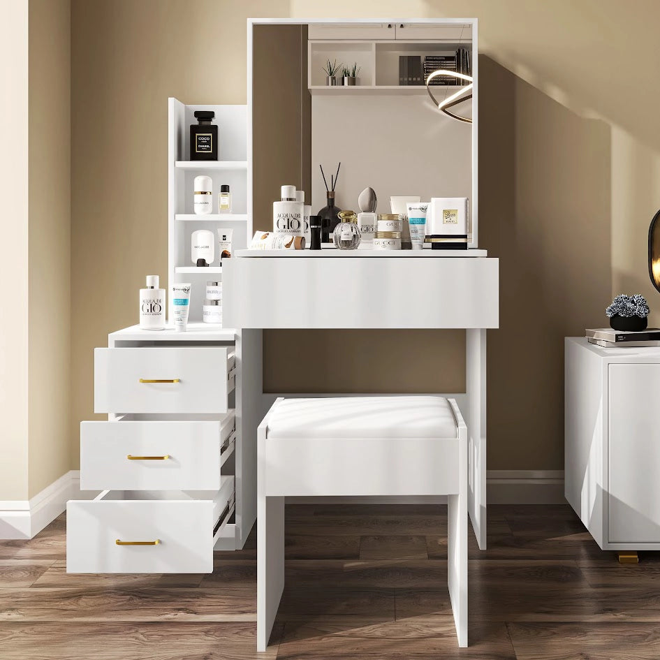 Modern white vanity makeup table with mirror and stool. Includes gold-handled drawers and open shelving for bedroom use.