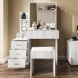 Modern white vanity makeup table with mirror and stool. Includes gold-handled drawers and open shelving for bedroom use.