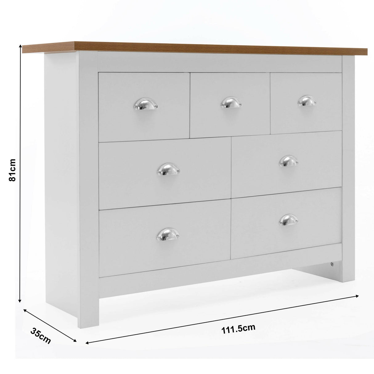 White 7-drawer chest with oak top, dimensions: 111.5cm wide, 35cm deep, 81cm high.