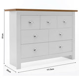 White 7-drawer chest with oak top, dimensions: 111.5cm wide, 35cm deep, 81cm high.