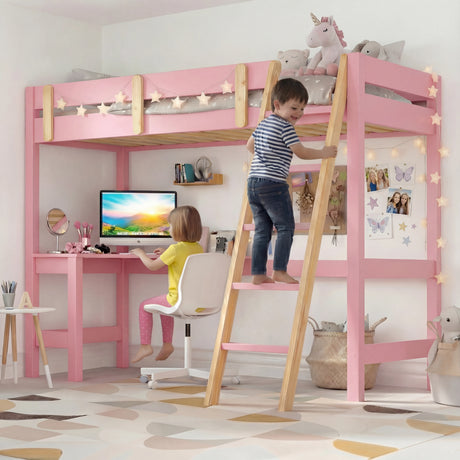 Bunk Bed With Desk - High Sleeper Loft Bed Frame For Kids in pink wood finish featuring a built-in desk, ladder, and safety rails, ideal for small bedrooms.