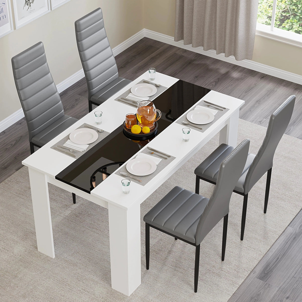 White & Black Gloss 4-6 Seater Dining Table and Chairs Set