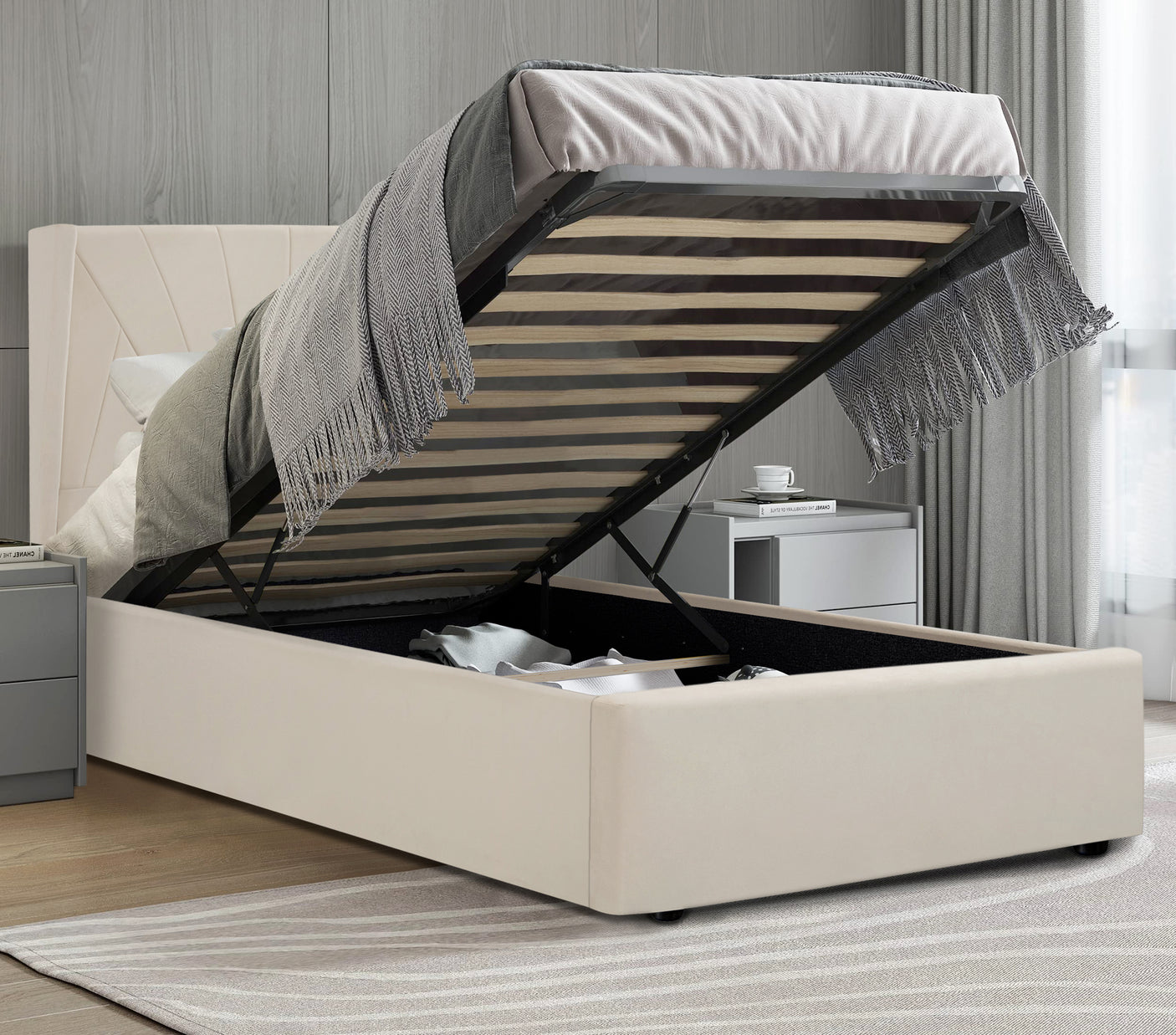 Blisswood Velvet Quilted Sunrise Design Ottoman Storage Bed With Mattress