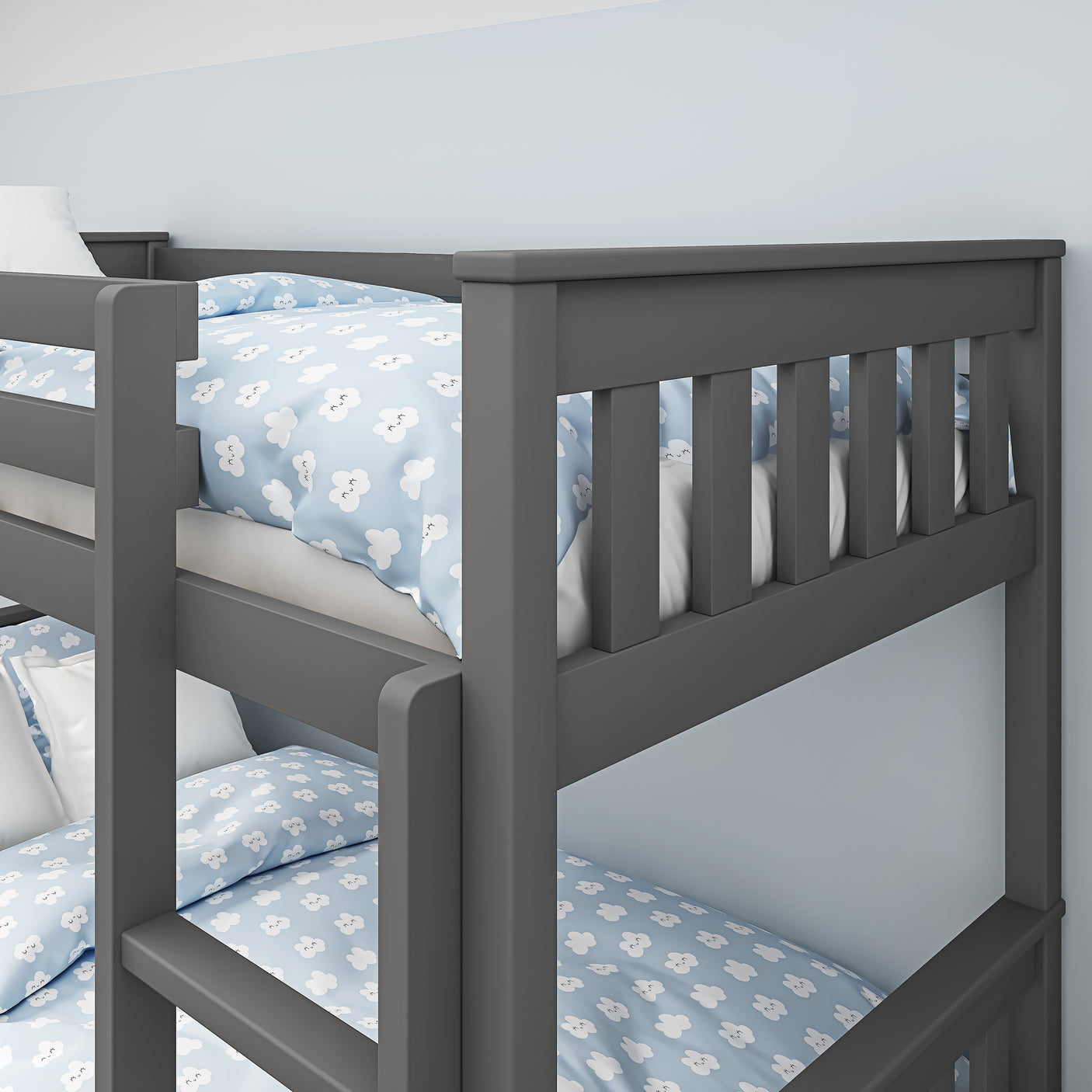 Detailed view of dark grey bunk bed upper rail and post, showcasing smooth finish and solid wood construction.
