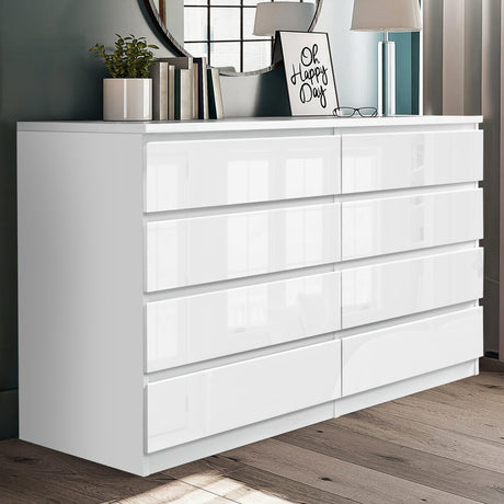 Stylish 8-drawer chest of drawers in white, offering ample storage space for your bedroom.