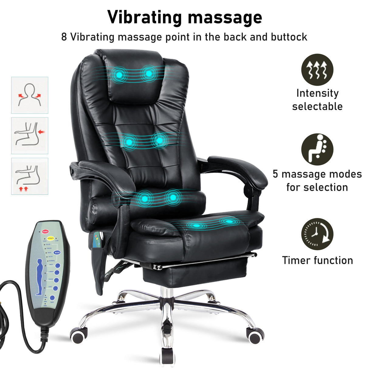 Experience comfort with the 8-point massage office chair, intensity selectable for relaxation.