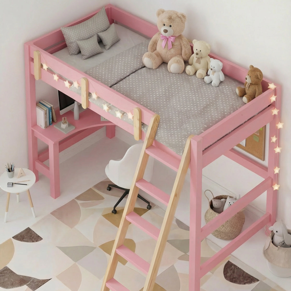 Pink high sleeper loft bed frame with desk for kids, featuring a wooden ladder, safety rails, and cozy bedding with teddy bears. Ideal space-saving furniture.