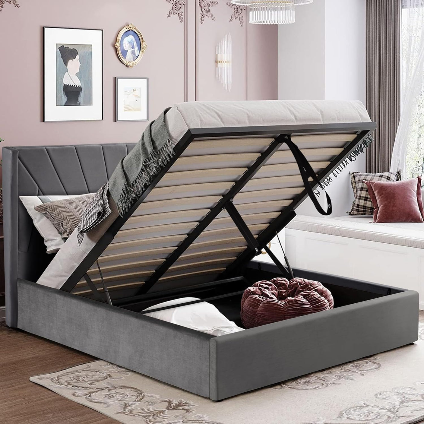 Blisswood Velvet Quilted Sunrise Design Ottoman Storage Bed With Mattress