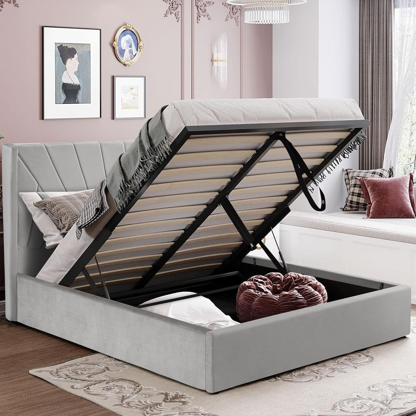 Blisswood Velvet Quilted Sunrise Design Ottoman Storage Bed With Mattress