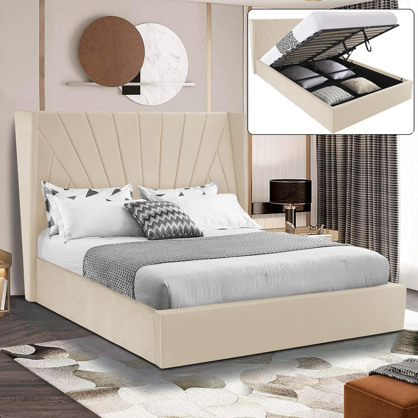 Blisswood Velvet Quilted Sunrise Design Ottoman Storage Bed With Mattress