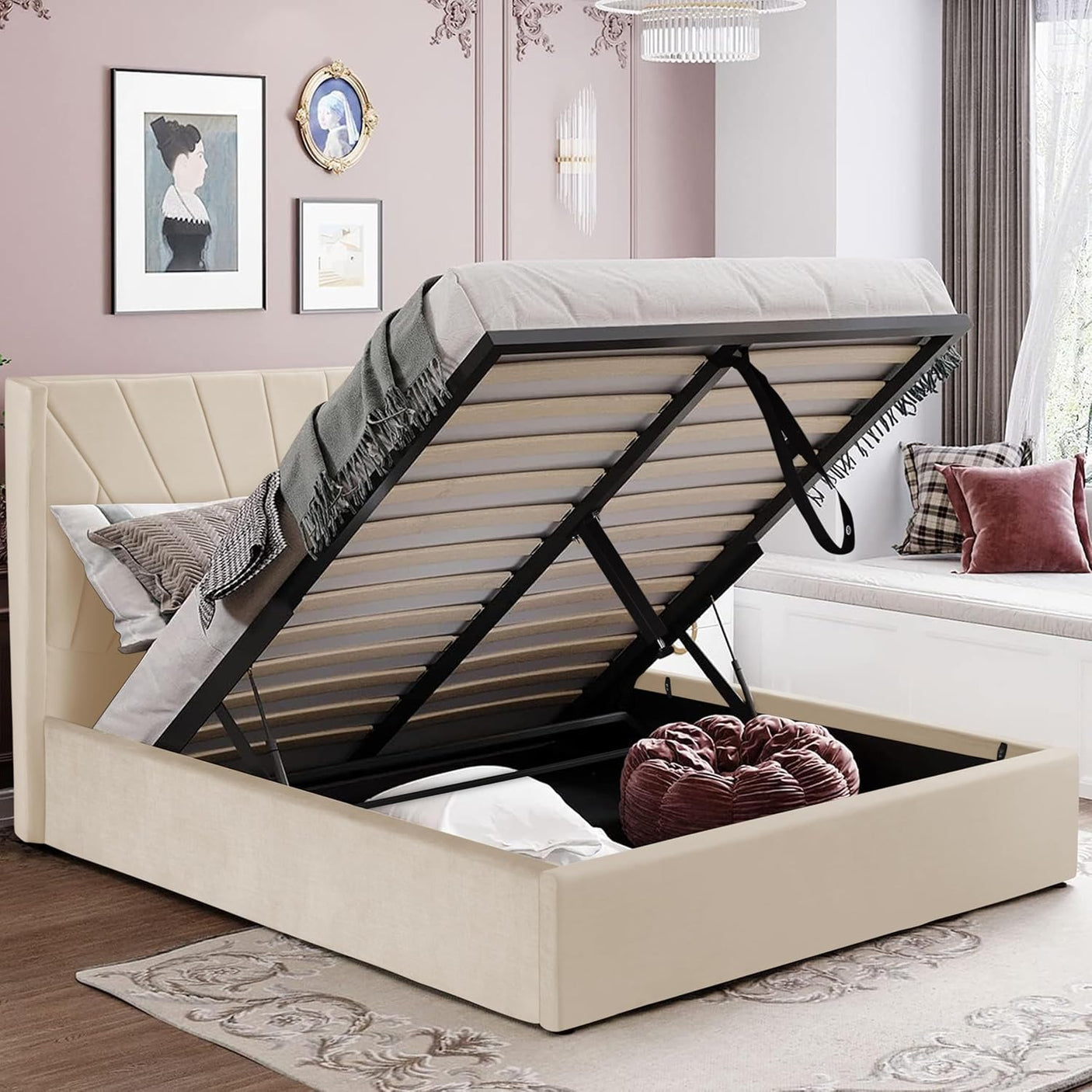 Blisswood Velvet Quilted Sunrise Design Ottoman Storage Bed With Mattress