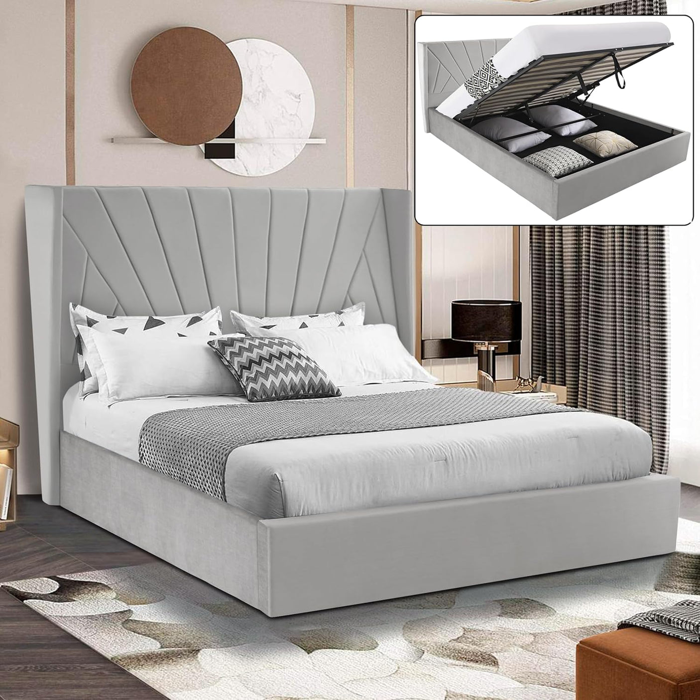 Blisswood Velvet Quilted Sunrise Design Ottoman Storage Bed With Mattress