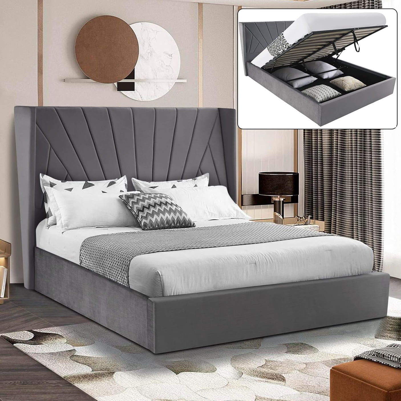 Blisswood Velvet Quilted Sunrise Design Ottoman Storage Bed With Mattress