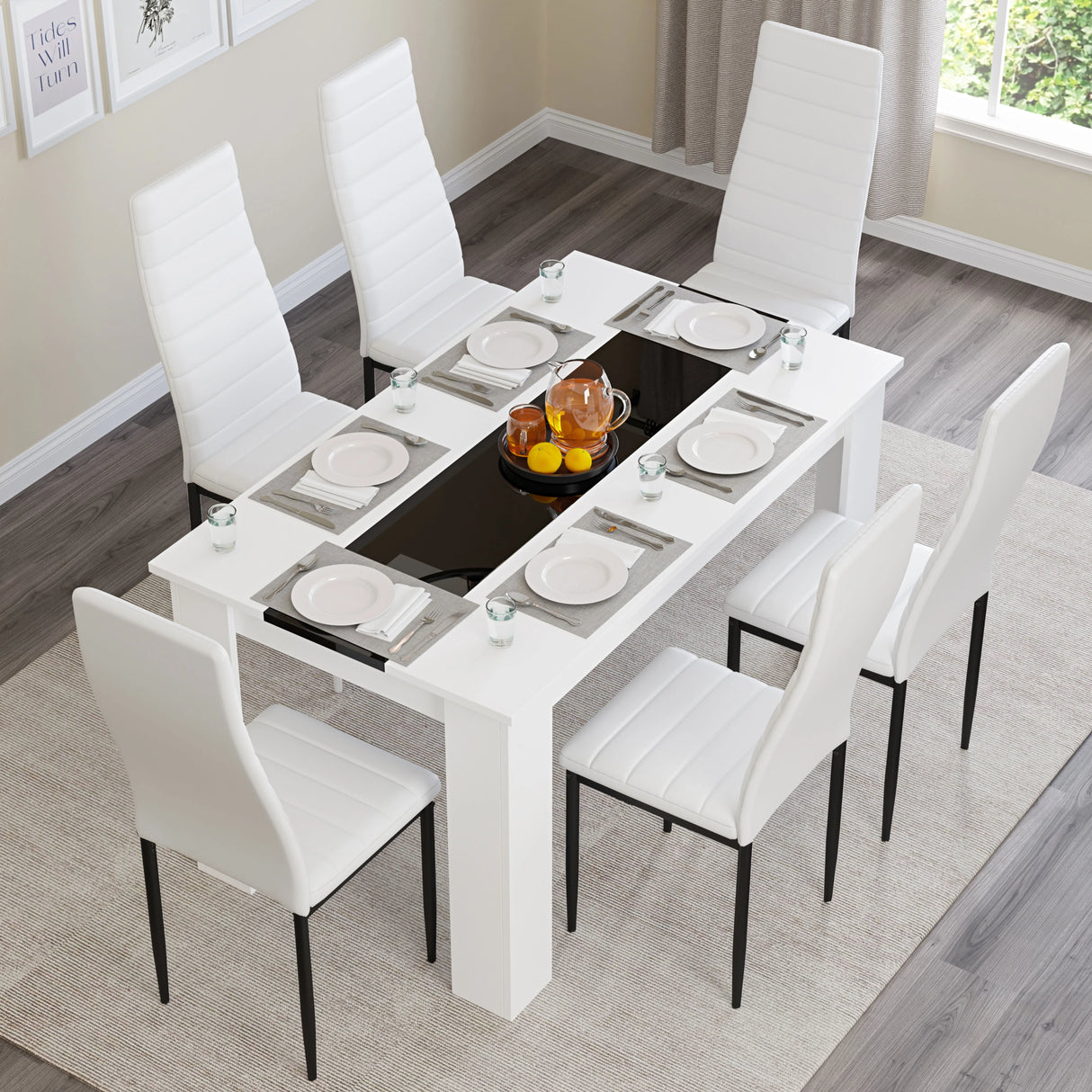 White & Black Gloss 4-6 Seater Dining Table and Chairs Set
