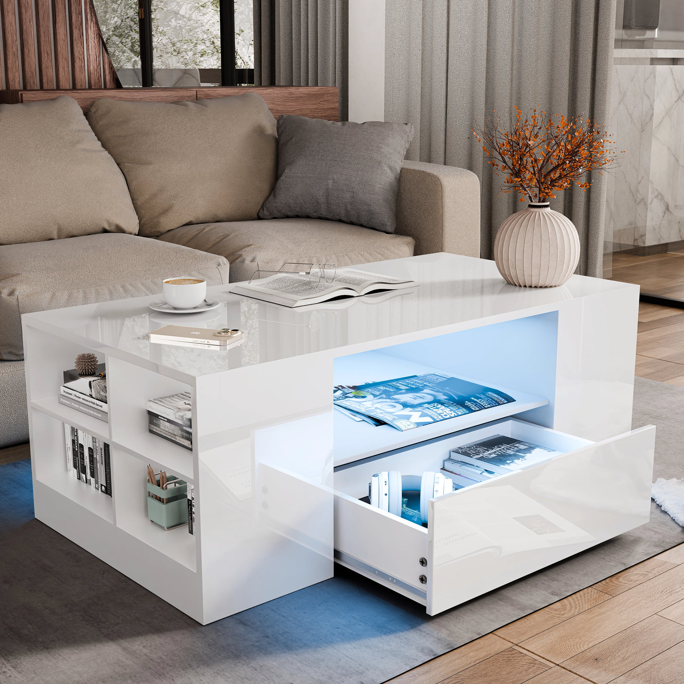 High Gloss Coffee Table with Storage Drawers & LED Lights