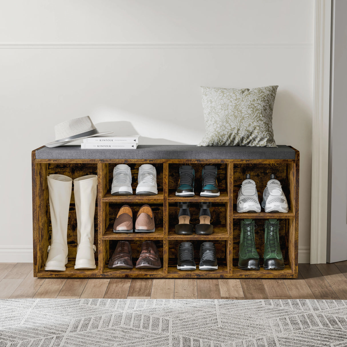 Hallway Shoe Storage Bench With Cushion & Adjustable Shelves