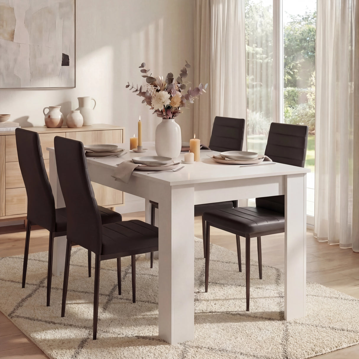 Modern 4-6 seater white dining table and chairs set with matte finish and black PU leather chairs, styled in a bright dining room with natural light.