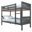 Angled view of dark grey double bunk bed with blue bedding, featuring a detachable frame and sturdy wooden build.