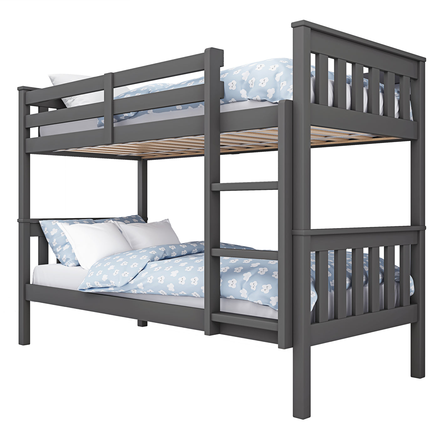 Angled view of dark grey double bunk bed with blue bedding, featuring a detachable frame and sturdy wooden build.