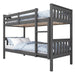Angled view of dark grey double bunk bed with blue bedding, featuring a detachable frame and sturdy wooden build.