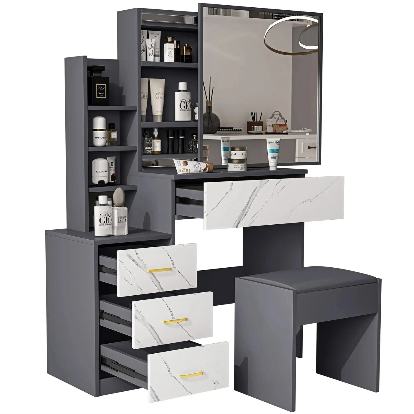 Grey and marble dressing table with mirror and drawers. Stylish vanity makeup table with storage compartments and matching stool for bedroom furniture.