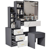 Grey and marble dressing table with mirror and drawers. Stylish vanity makeup table with storage compartments and matching stool for bedroom furniture.