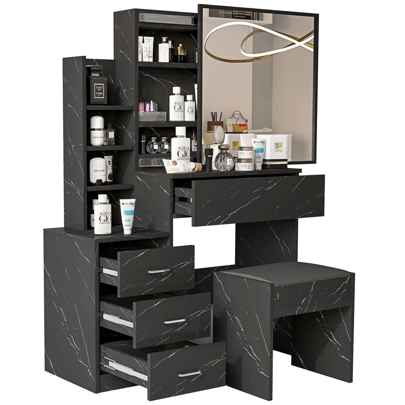 Black vanity table with marble-effect drawers and mirror. Includes cushioned stool and ample storage for cosmetics and accessories.