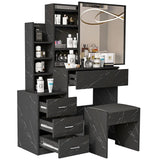 Black vanity table with marble-effect drawers and mirror. Includes cushioned stool and ample storage for cosmetics and accessories.